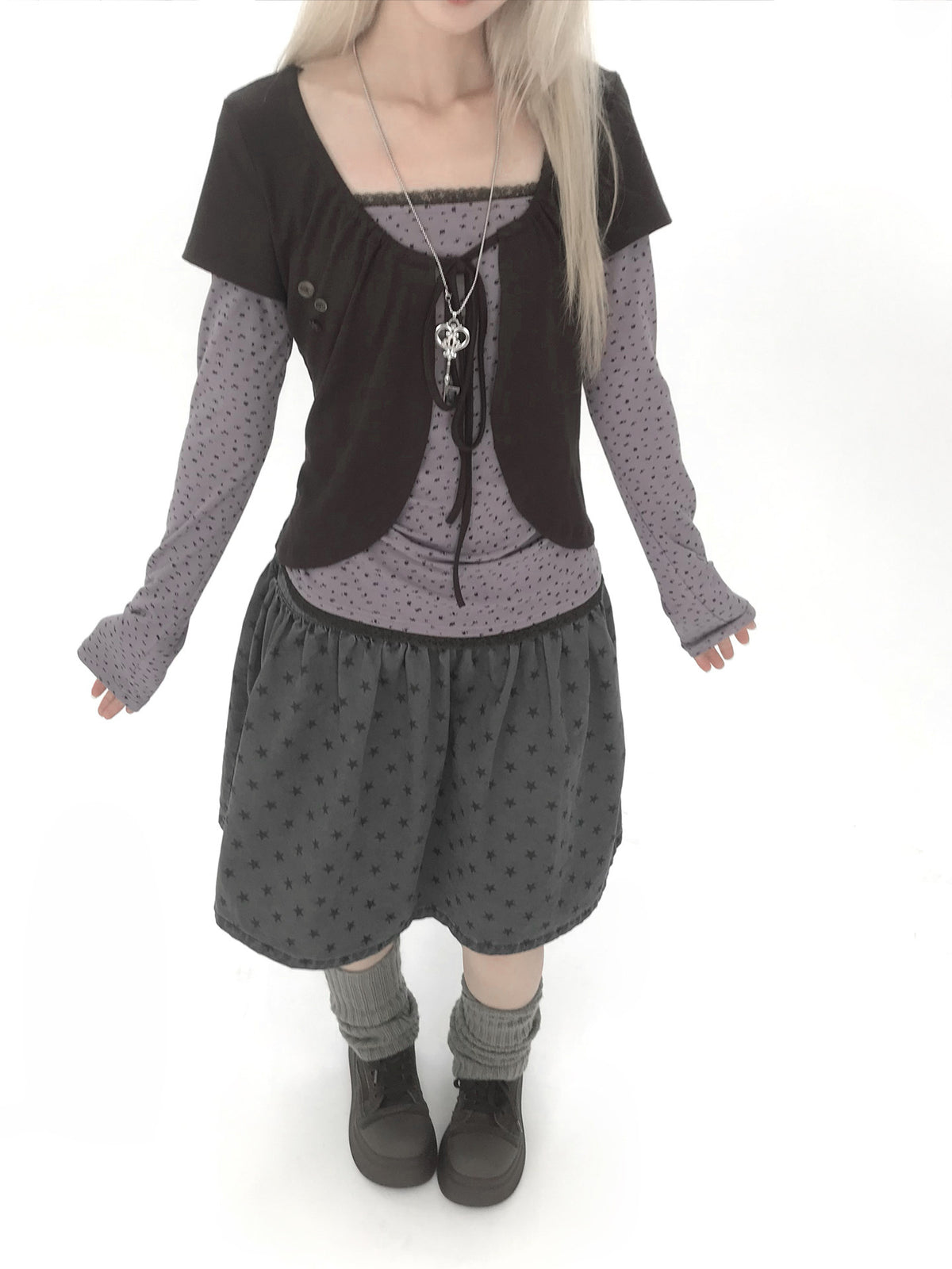 Star Print Drop-Waist A-Line Skirt