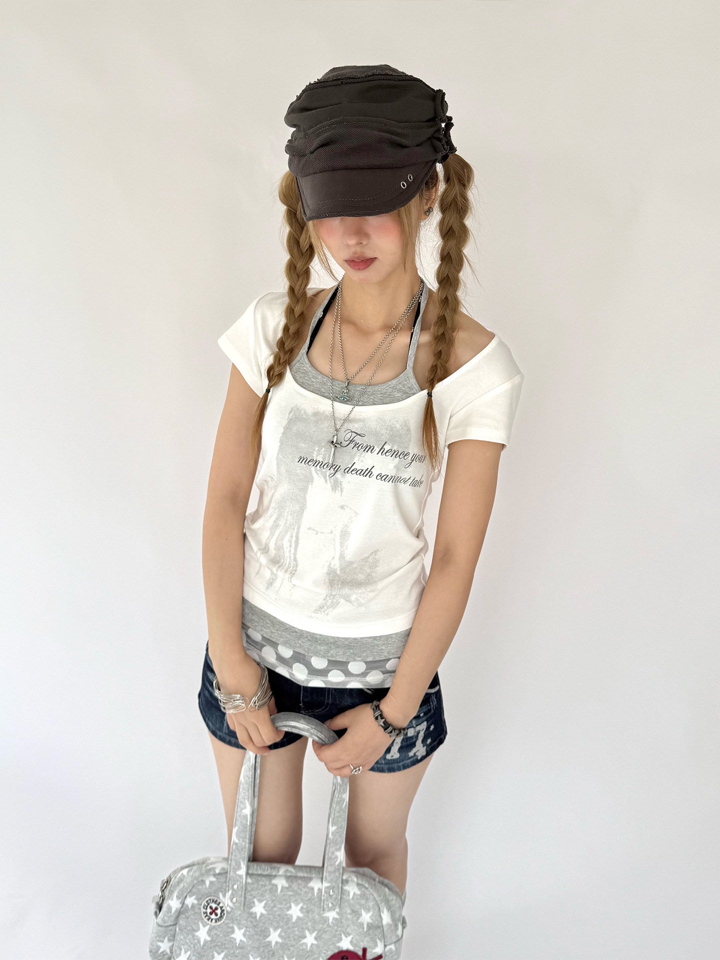 White Gardenia Faux-Layer Halter Graphic Tee