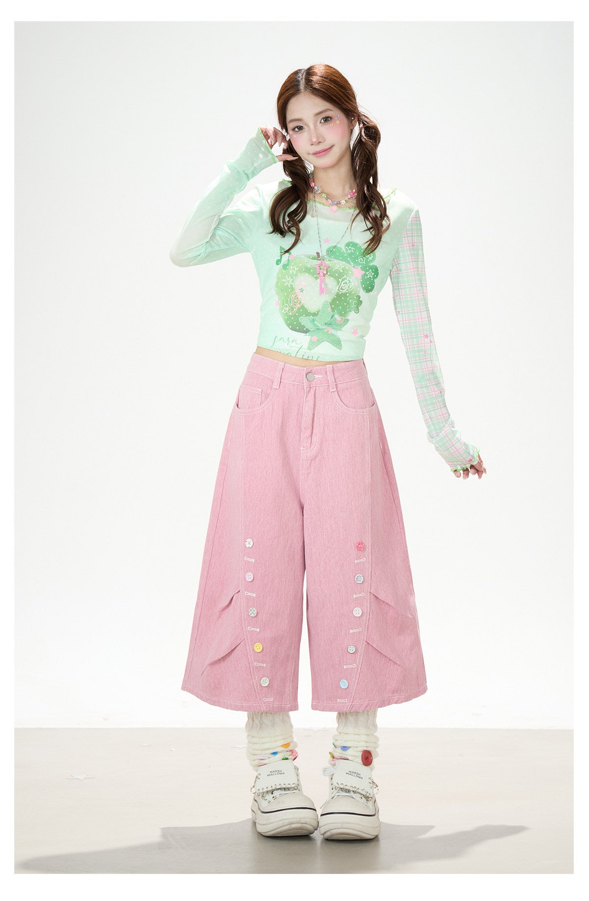 Apple Plaid Mesh Long Sleeve Top & Pink Polka Dot Wide Leg Pants