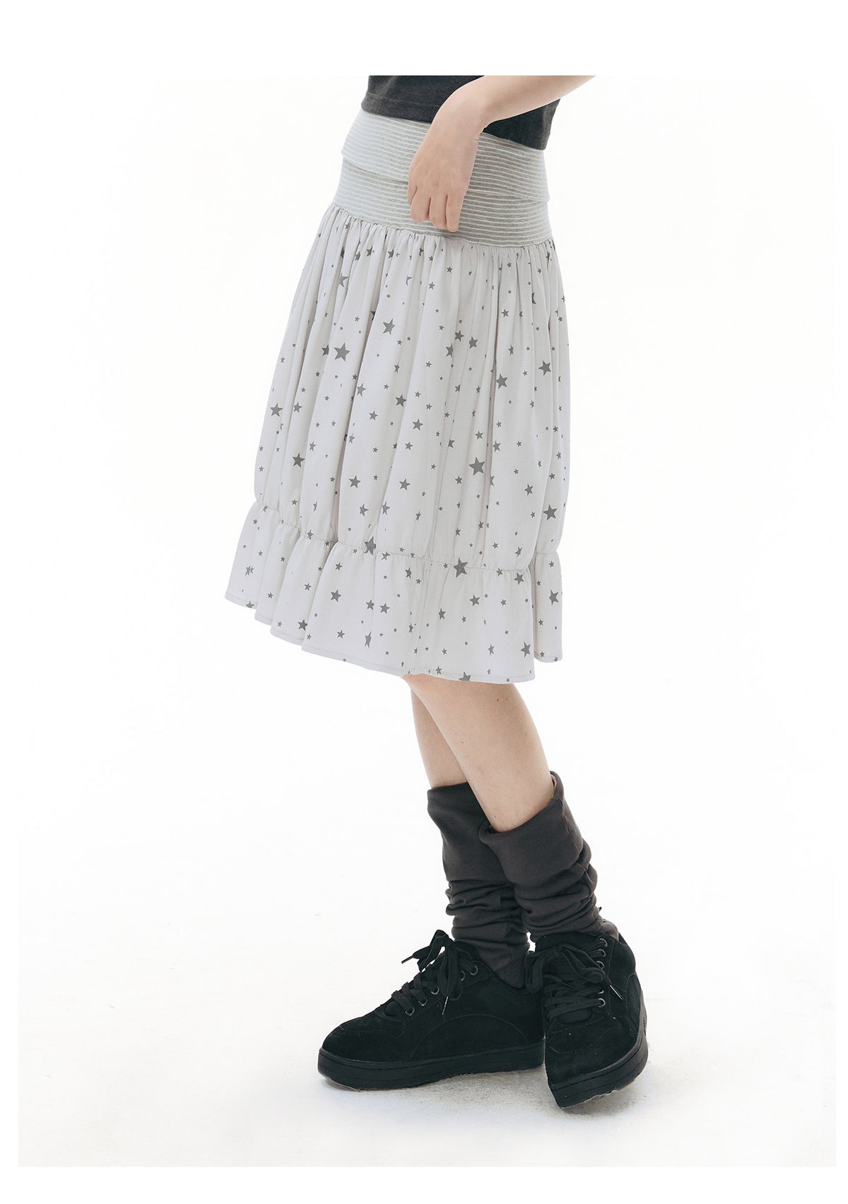 Star Print Striped-Waist Ruffle Midi Skirt