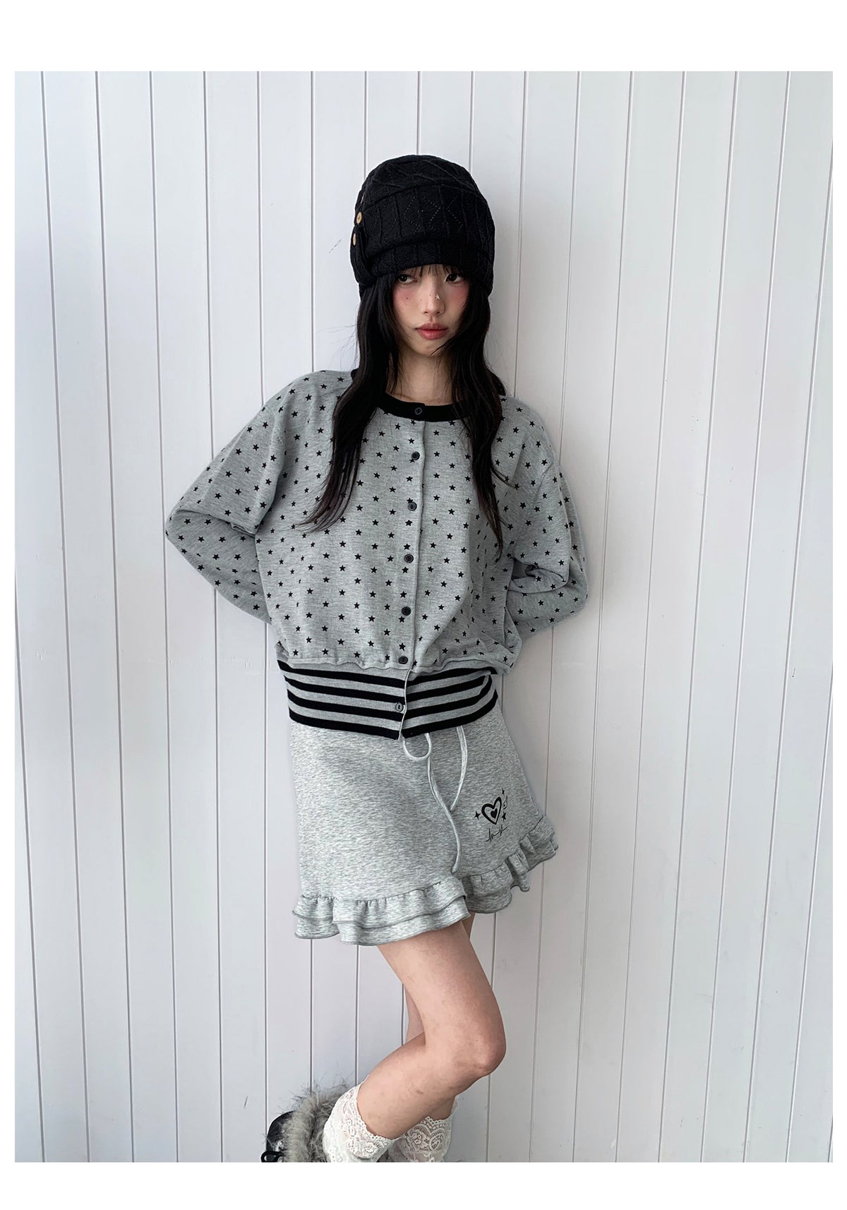 Star Print Contrast-Trim Knit Cardigan
