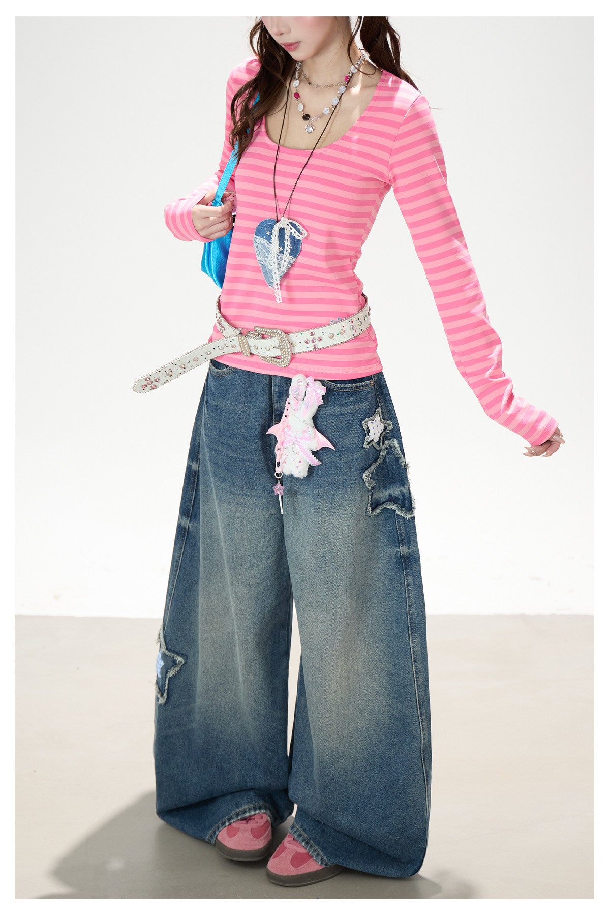 Pink Stripe U-Neck Long Sleeve Top & Star Patch Wide-Leg Jeans