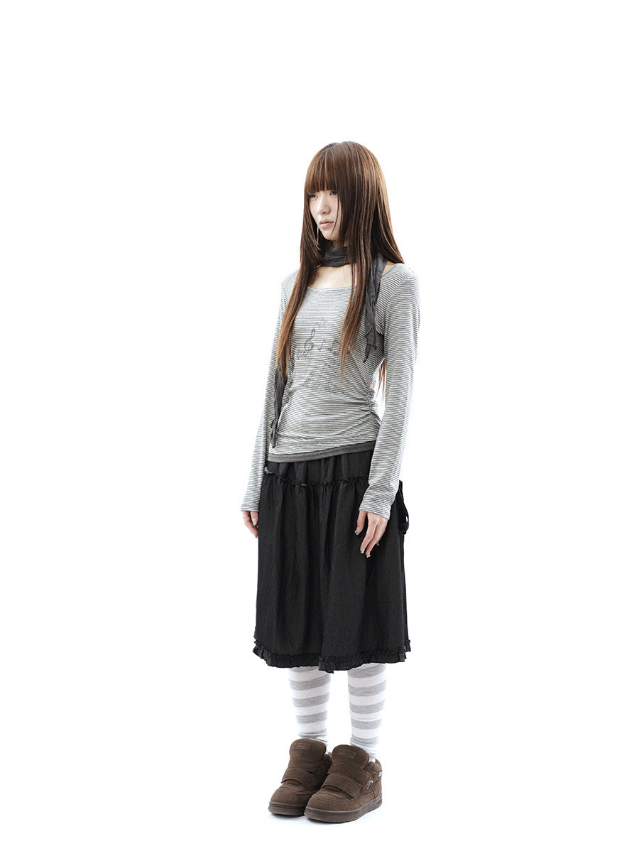Music Note Striped Layered Long Sleeve Top with Scarf
