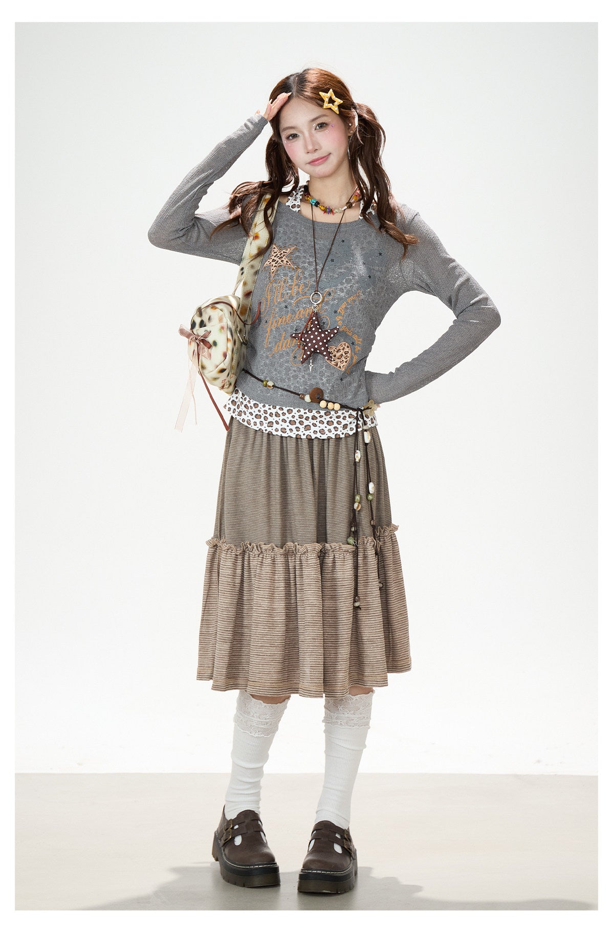 Leopard Layered Halter Long Sleeve Top & Pink Tiered Ruffle Mini Skirt