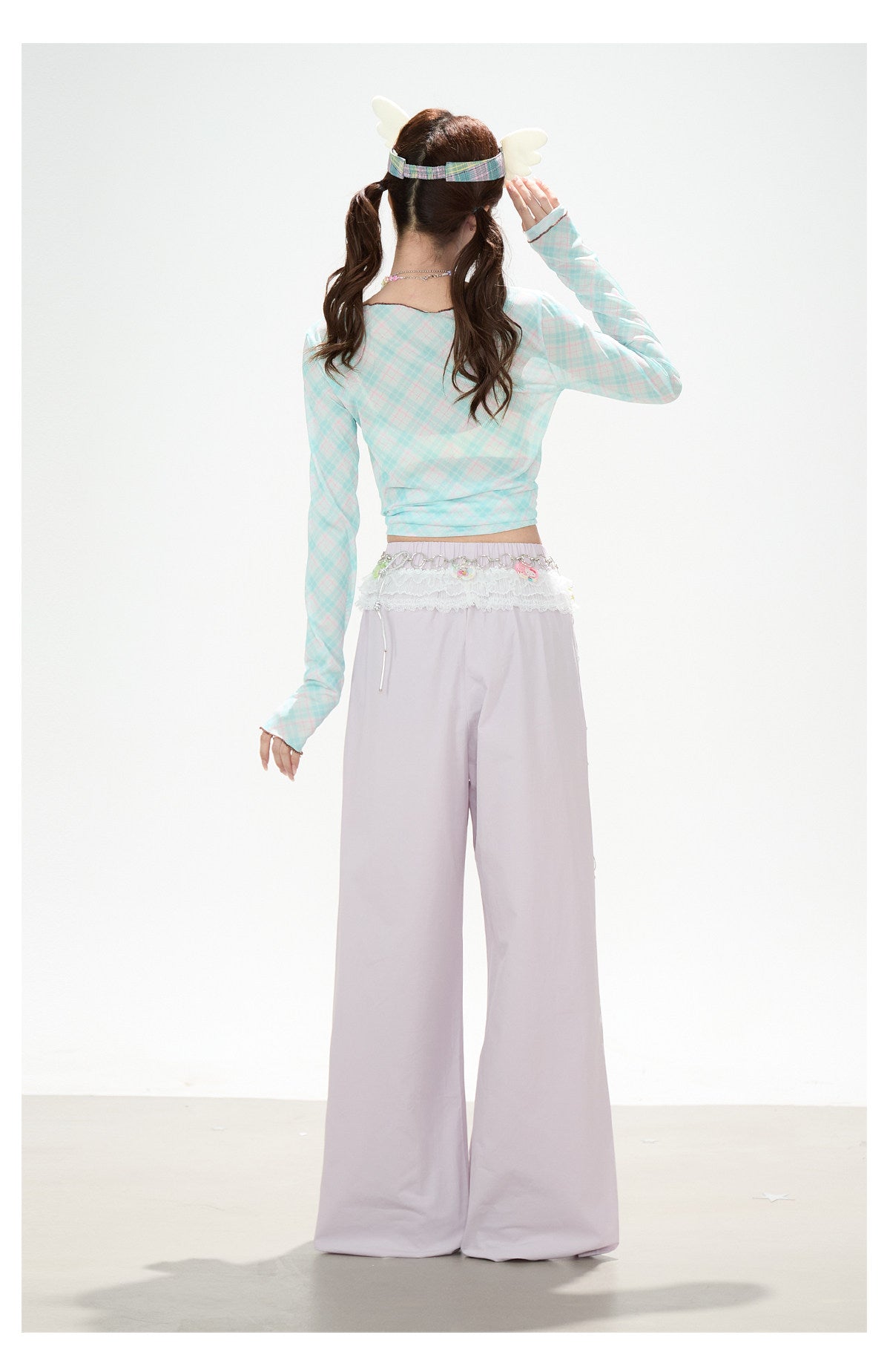 Pastel Anime Plaid Long Sleeve Top & Camo Lace-Trim Midi Skirt