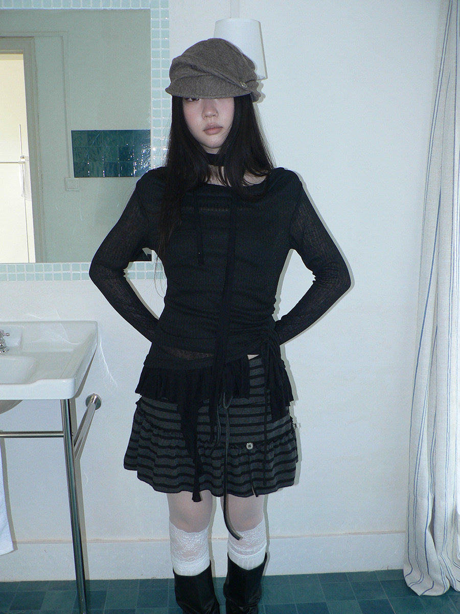 Striped Pleated Tie-Waist Mini Skirt