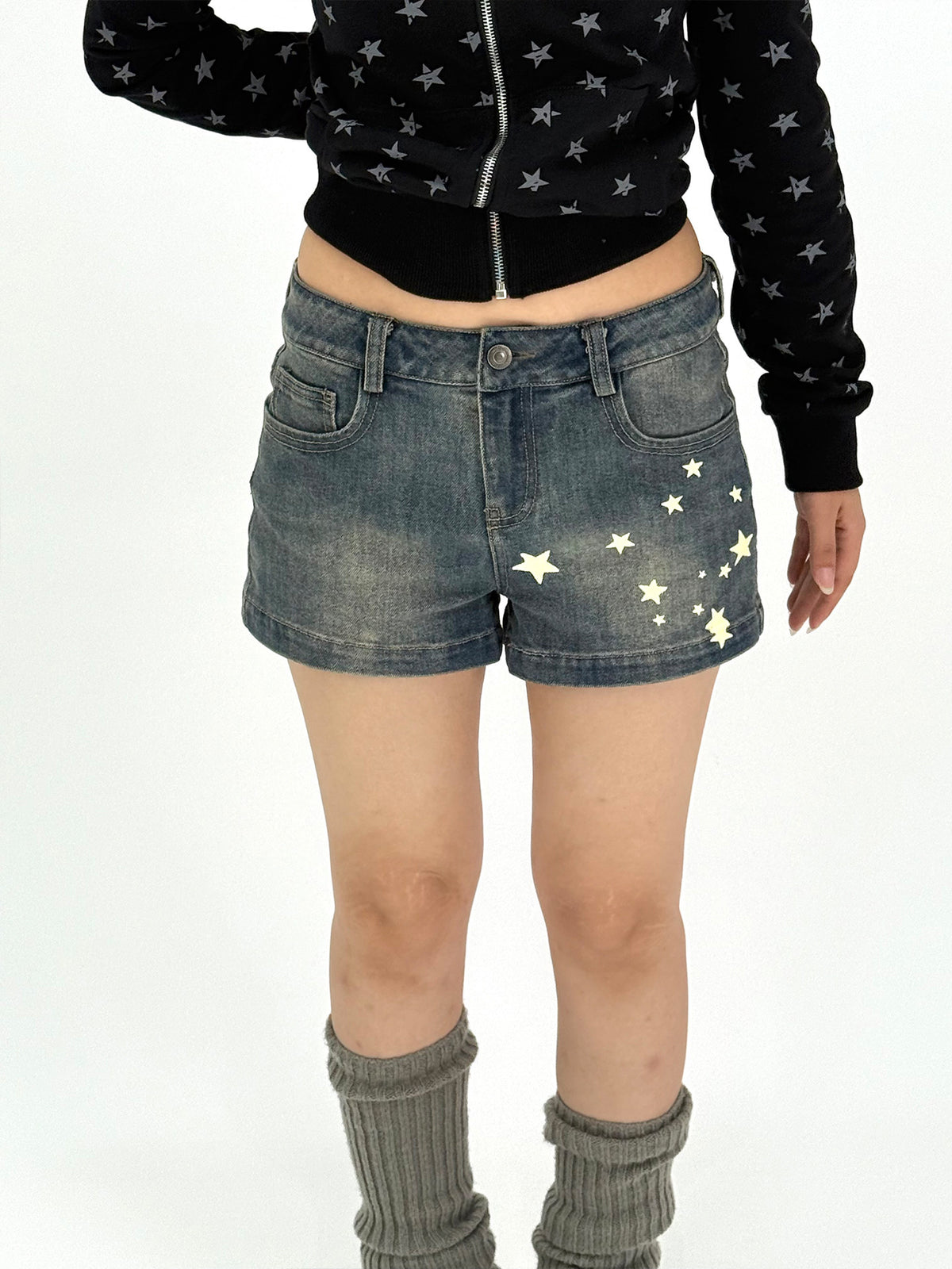 Star Print Washed Low-Rise Denim Shorts