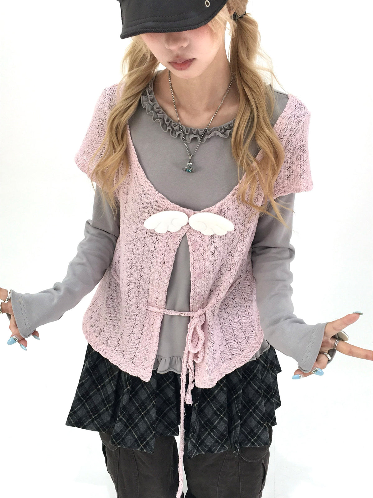 Blush Angel Wing Faux-Layer Knit Long Sleeve Top
