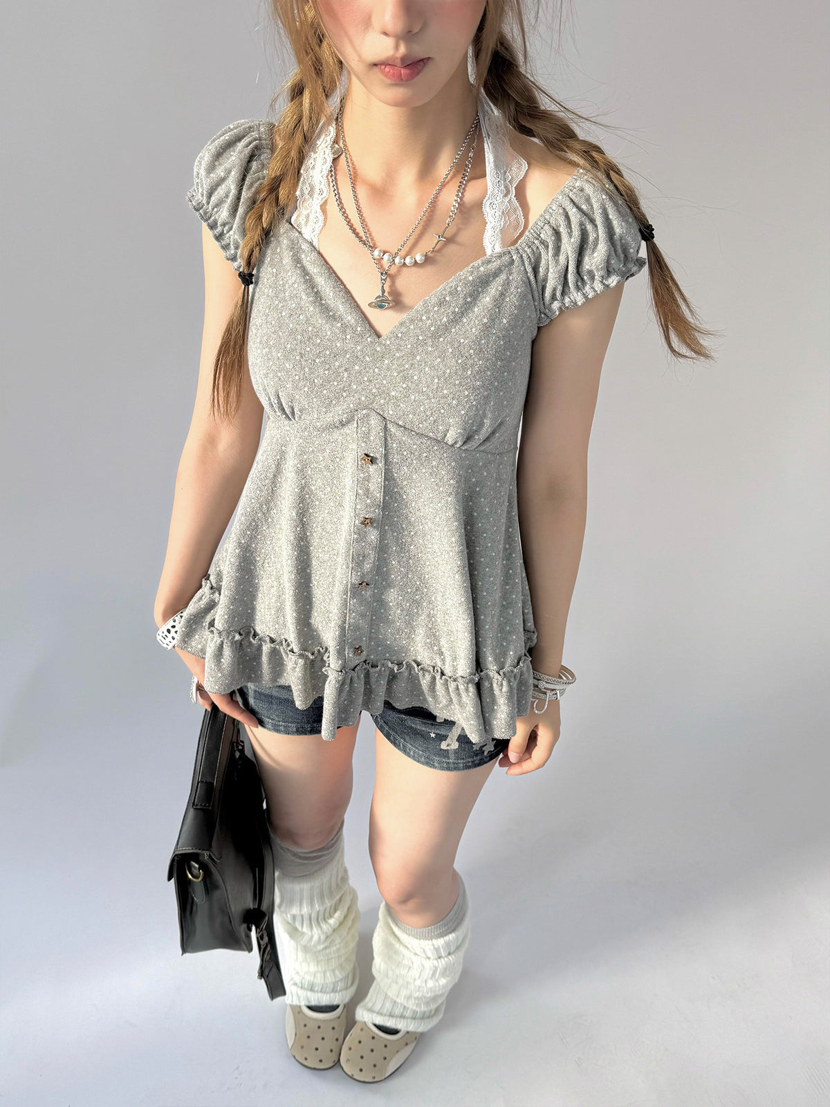 Polka Dot Lace Halter Ruffle Tee