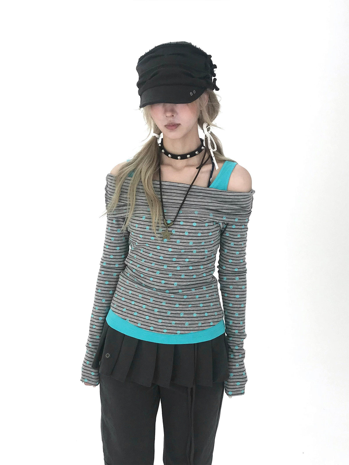 Polka Dot Asymmetric Layered Long Sleeve Top