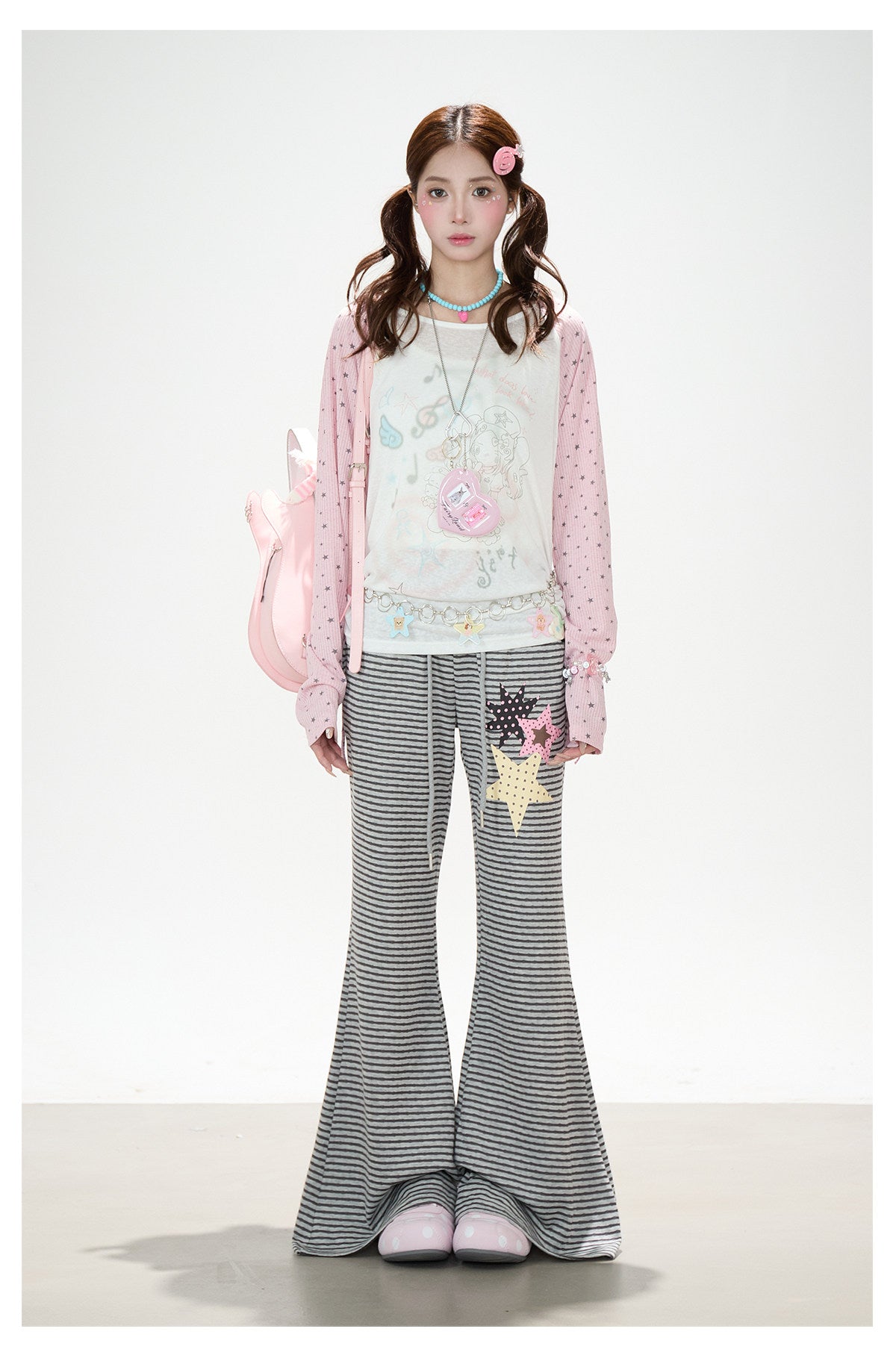 Dreamy Star Raglan Long Sleeve Top & Gray Striped Star Flare Pants