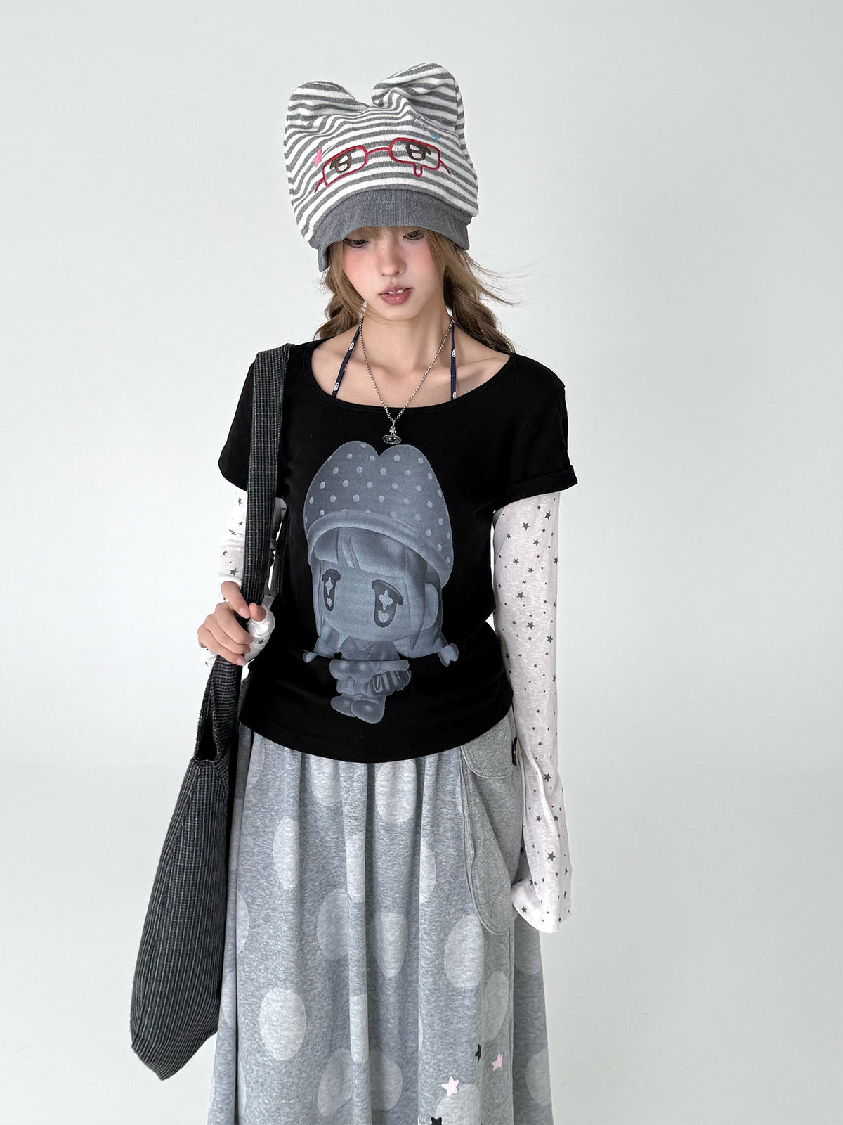 Mushroom Girl Star Faux-Layered Long Sleeve Tee