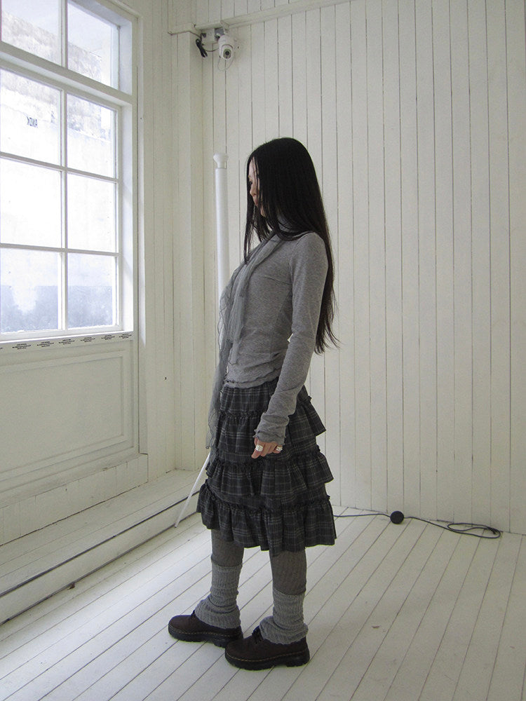 Vintage Gray Plaid Tiered Ruffle Skirt