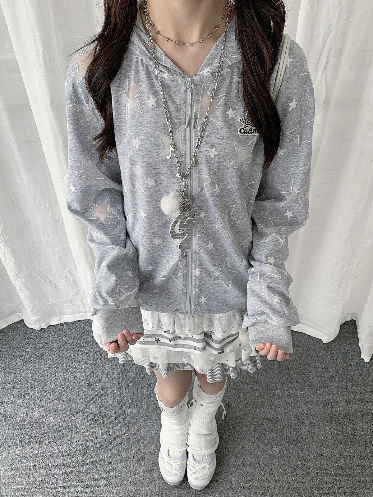 Gray Star Print Lightweight Zip-Up Hoodie
