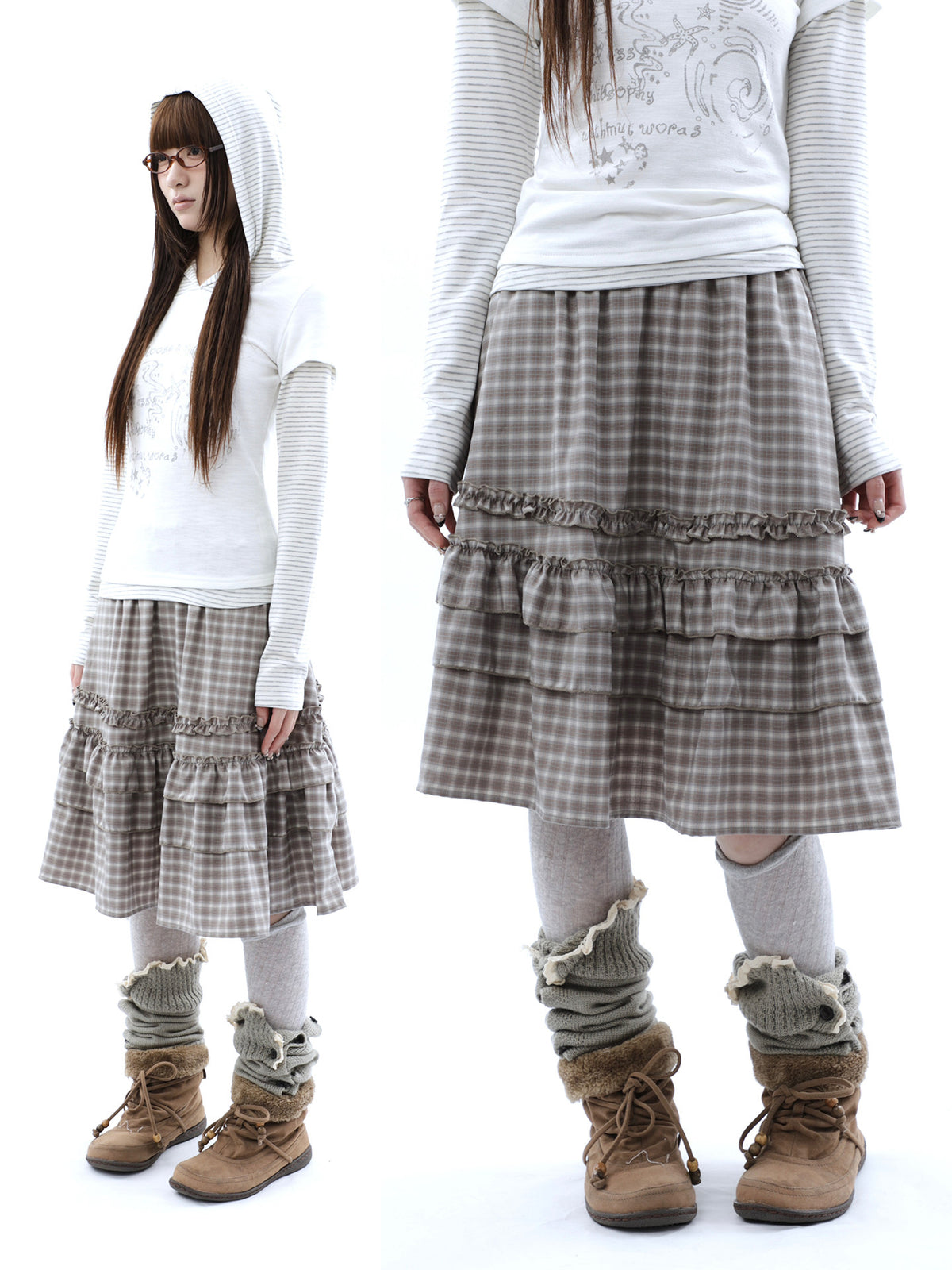 Plaid Ruffle-Tiered Midi Skirt