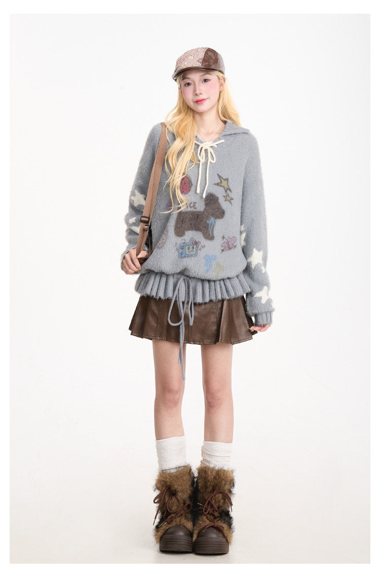 Puppy Graphic Bow-Collar Oversized Knit Sweater