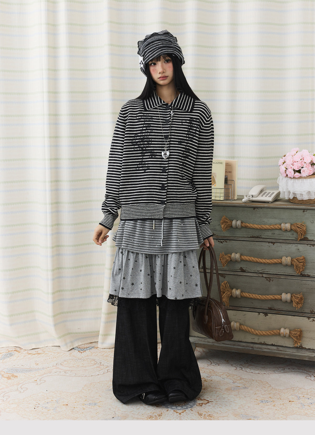 Star Stripe Layered Skirt Wide-Leg Pants