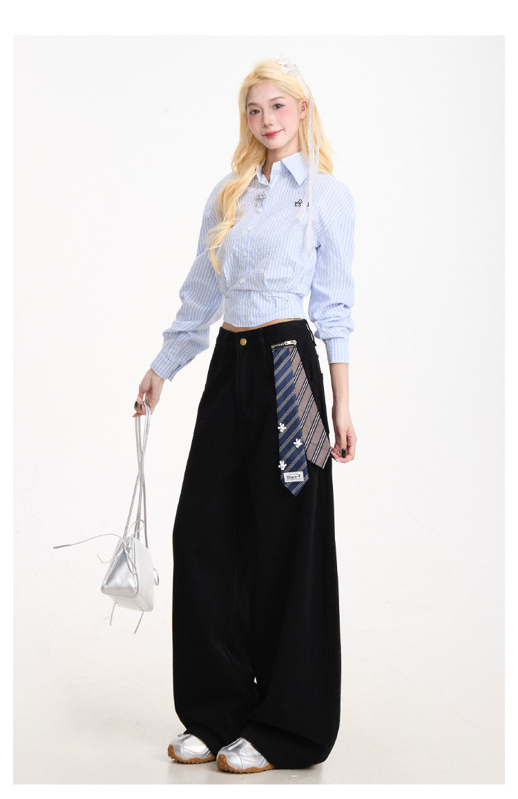 Curved-Leg Wide-Leg Pants with Detachable Tie