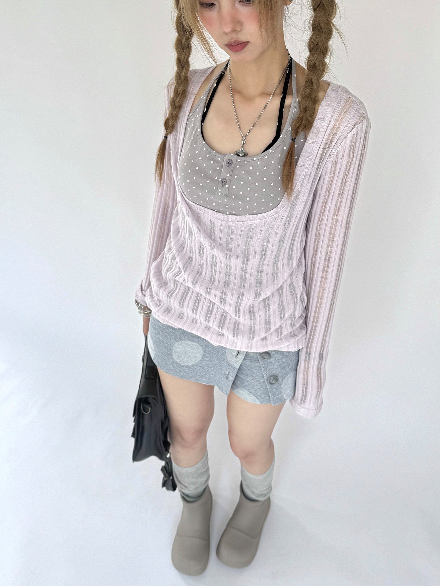 Wisteria Open-Knit Faux-Layer Long Sleeve Top