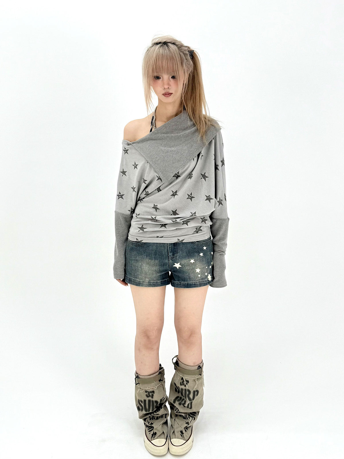 Star Print Draped Off-Shoulder Long Sleeve Top