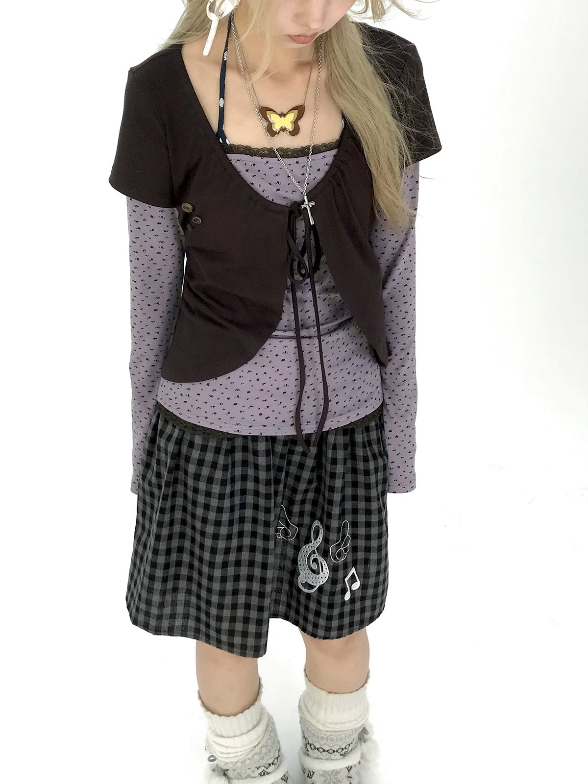 Striped Polka Dot Faux-Layered Button Long Sleeve Top