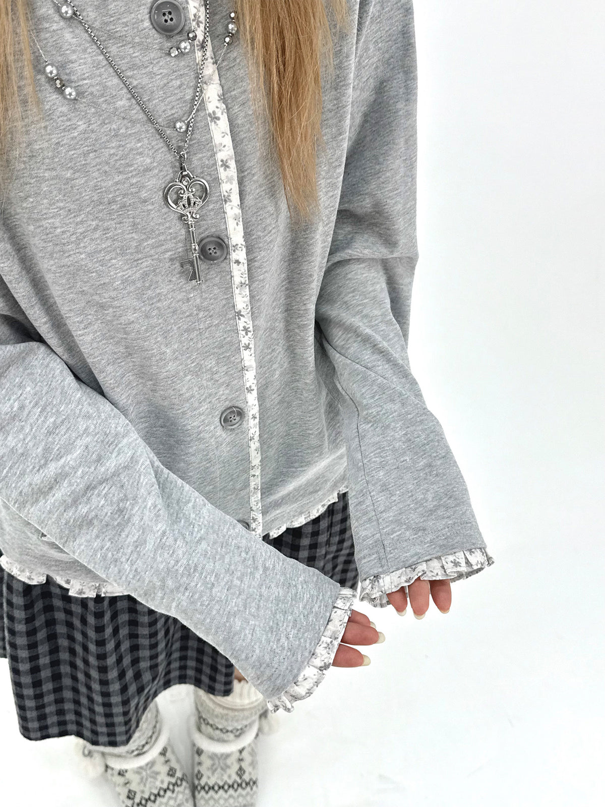 Floral-Trim Stand Collar Button Cardigan