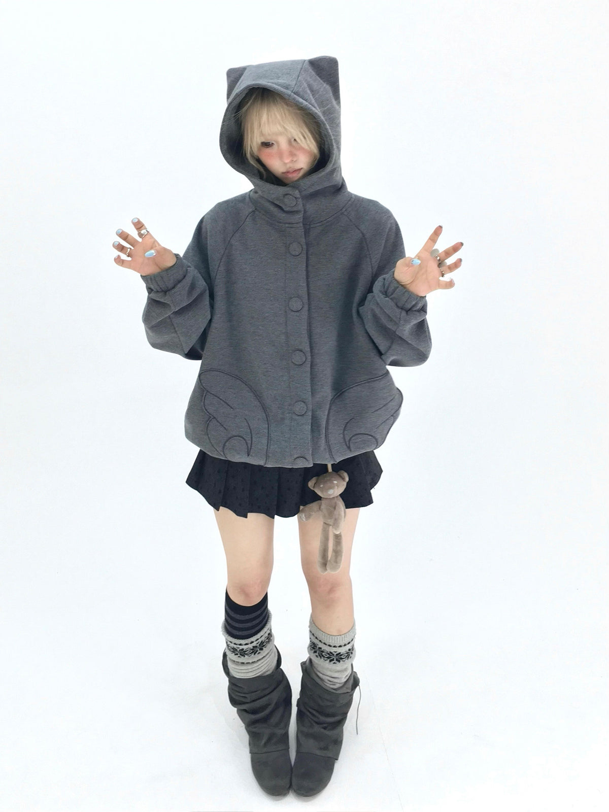 Cloud Gray Cat Ear Wing Pocket Hooded Jacket