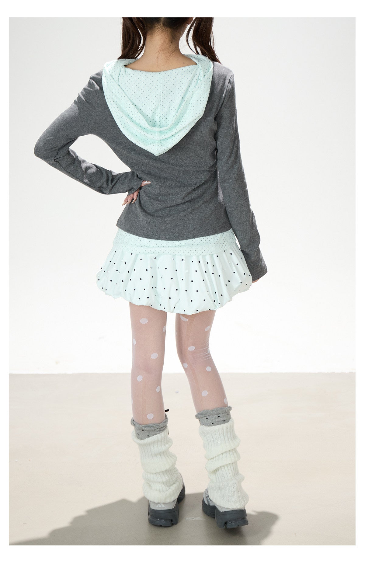 Polka Dot Layered Hooded Long Sleeve Top & Lace-Trim Bubble Mini Skirt