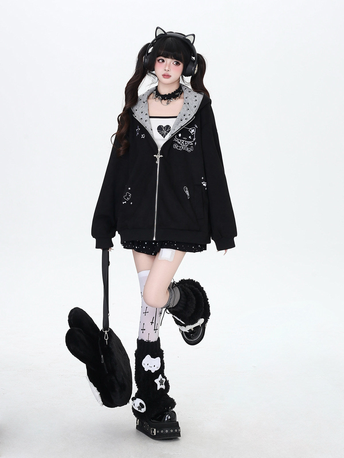 Cat Paw Embroidered Cat-Ear Zip Hoodie