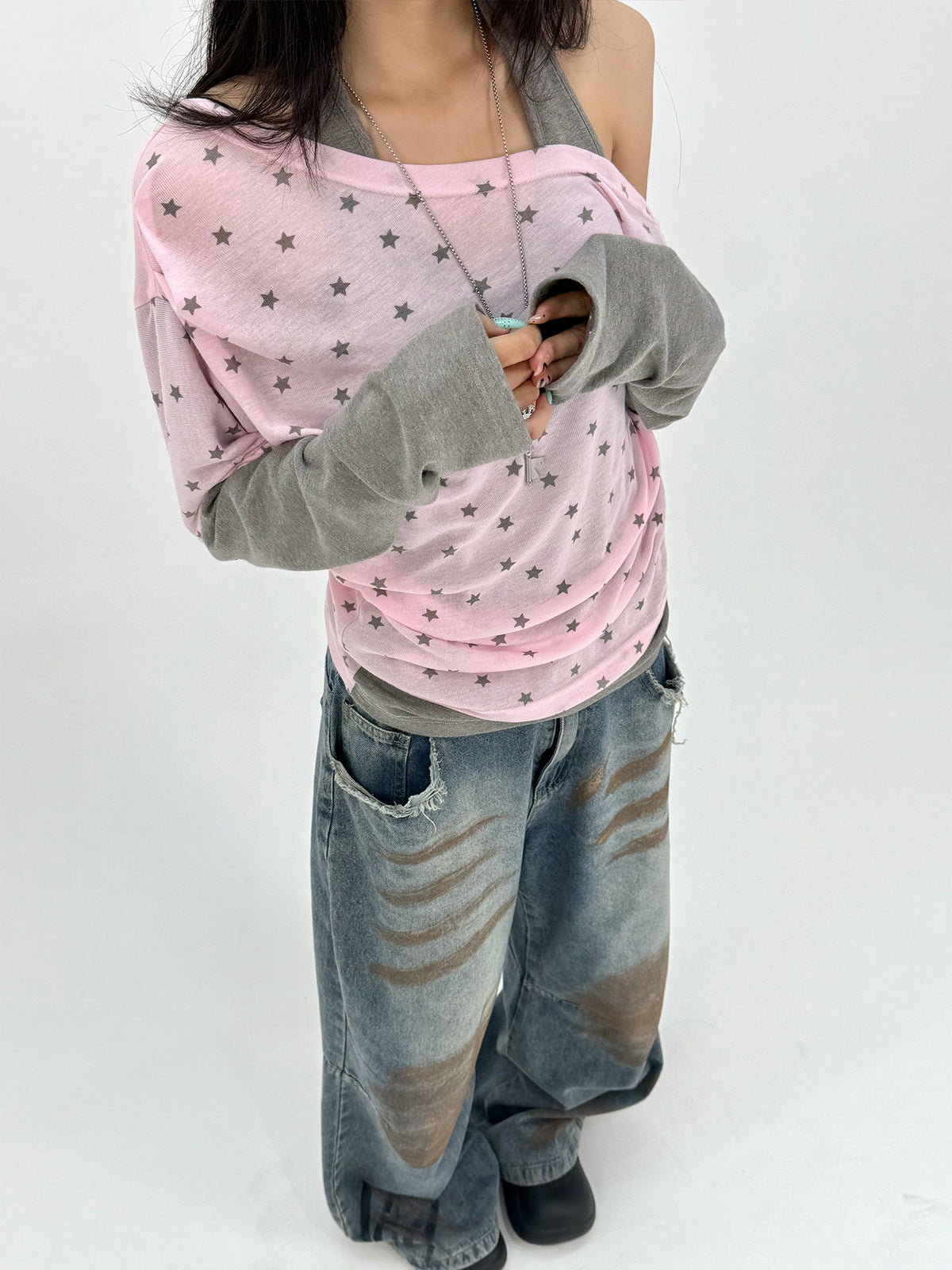 Star Print Faux-Layered Off-Shoulder Long Sleeve Top