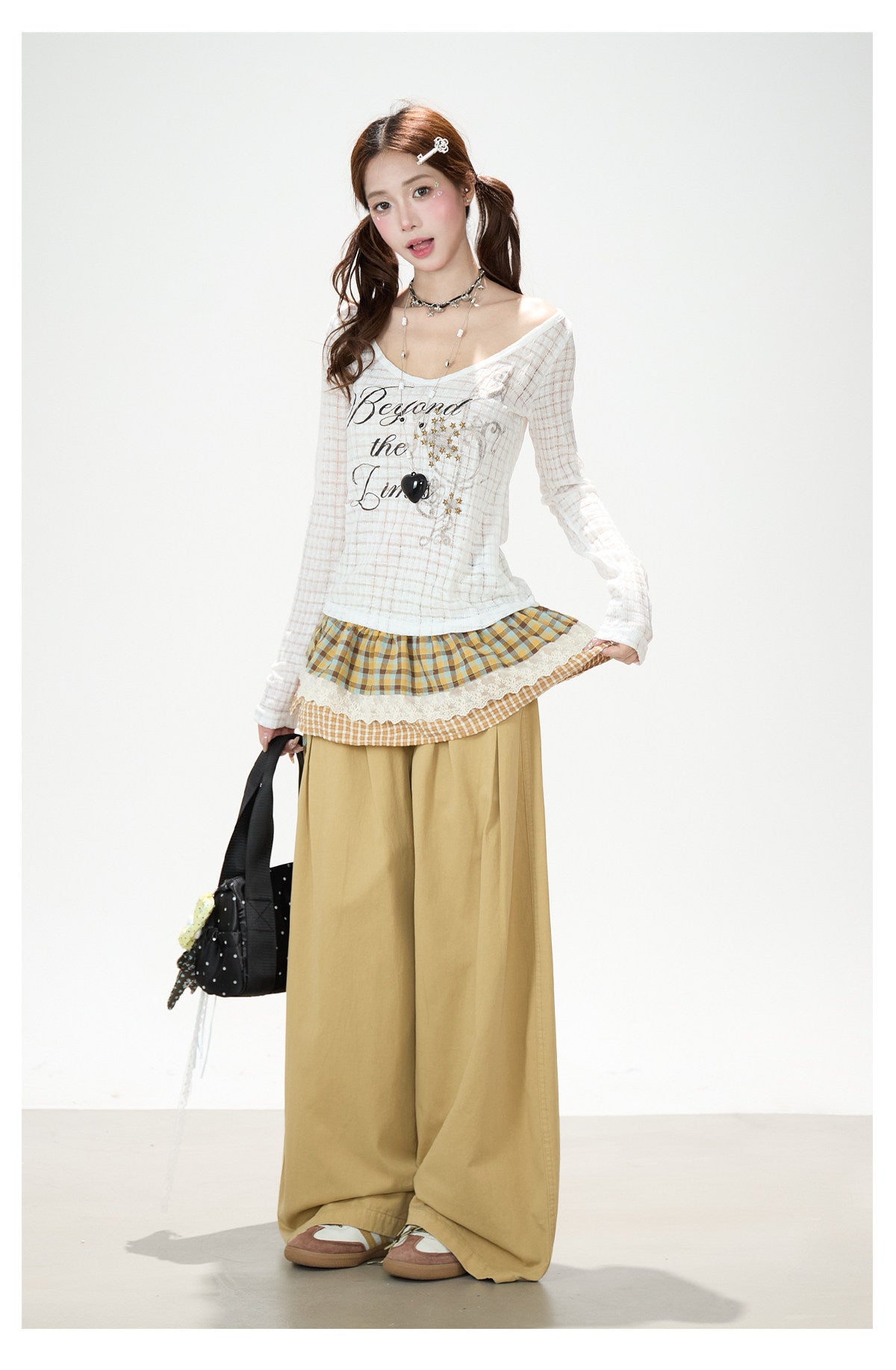 Beyond the Limits Sheer Grid Long Sleeve Top & Pony Star Wide-Leg Jeans