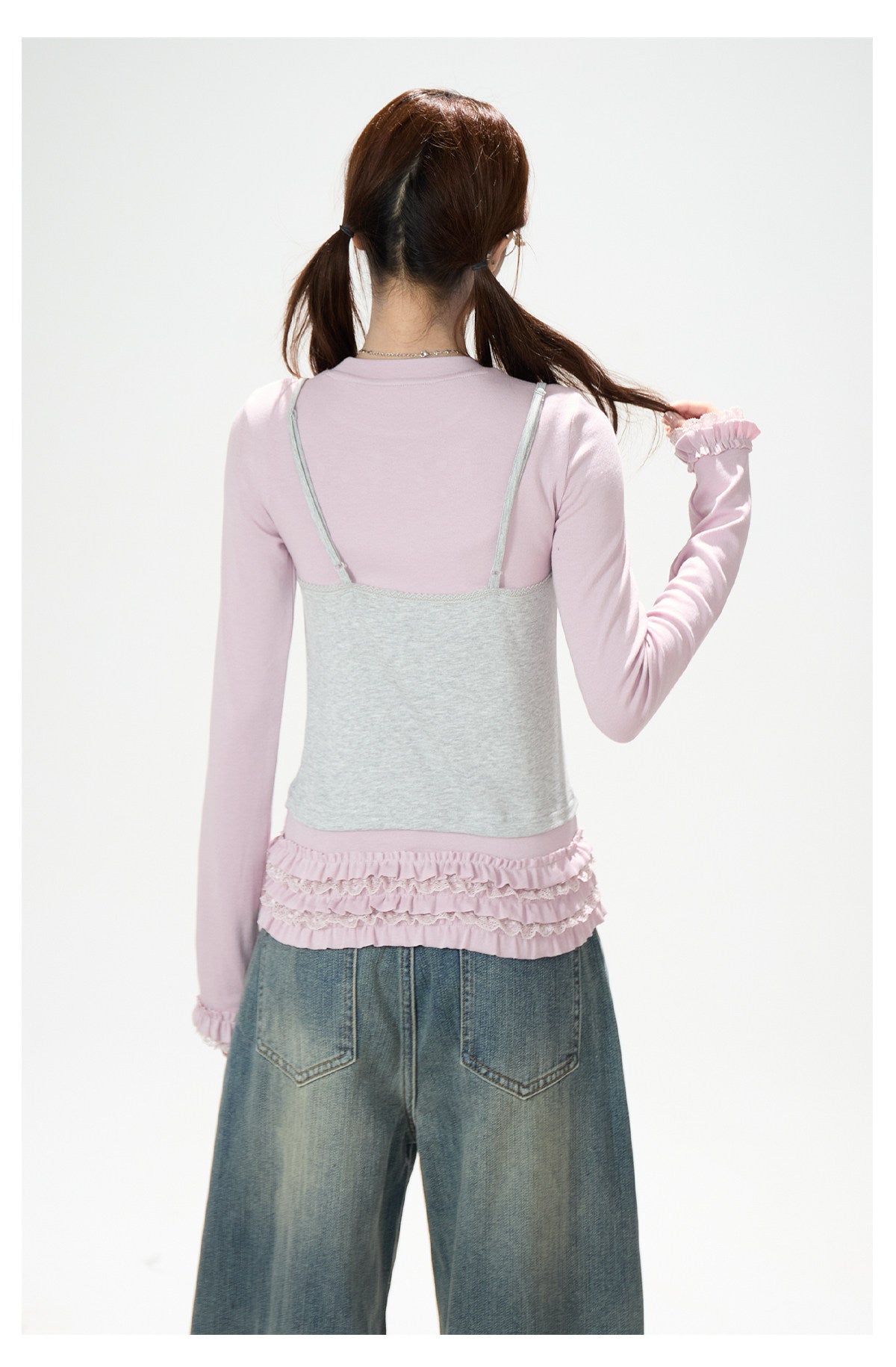 Gray-Pink Faux-Layered Lace Ruffle Long Sleeve Top