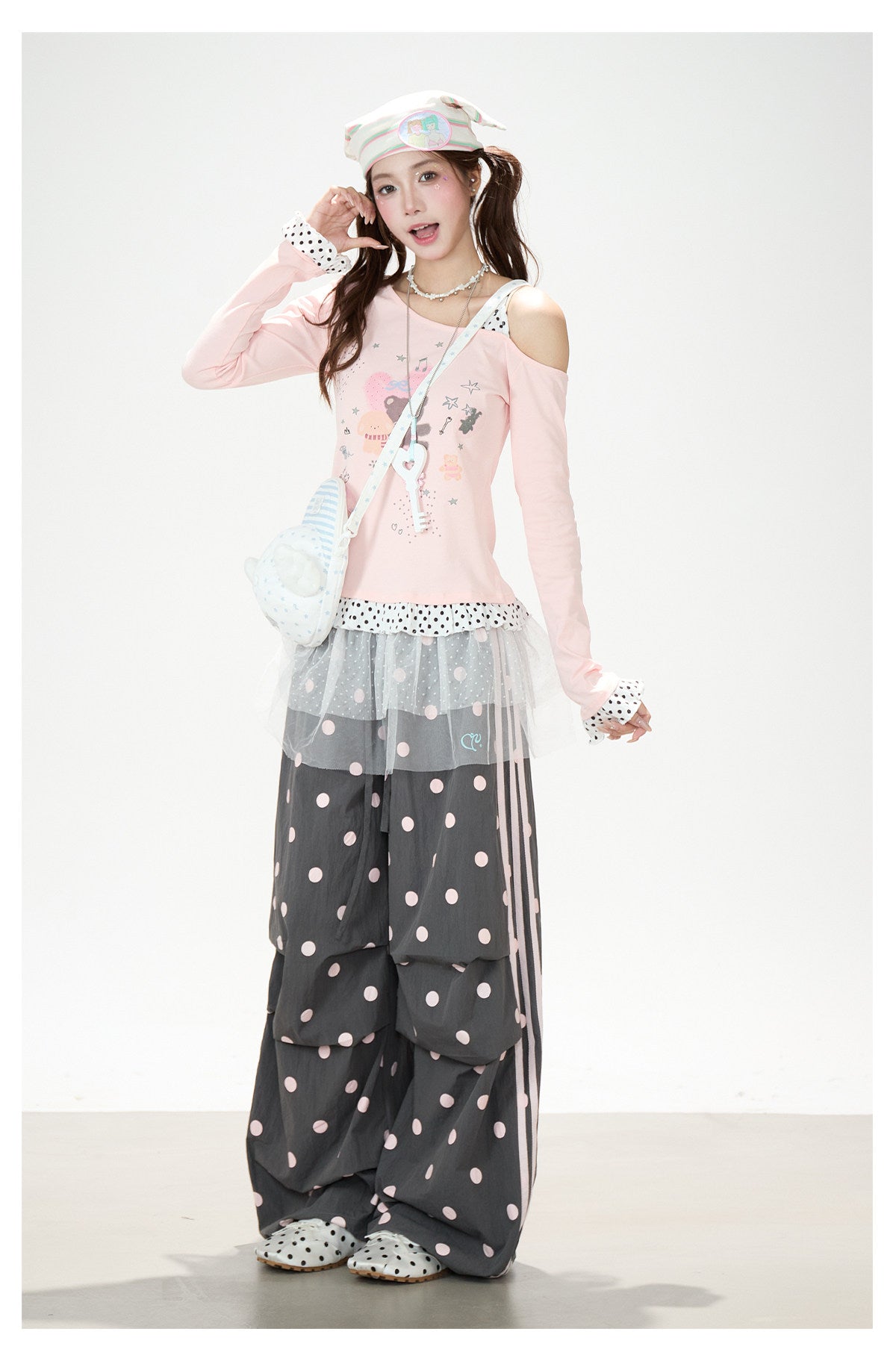 Dreamy Cartoon Off-Shoulder Layered Long Sleeve Top & Polka Dot Wide-Leg Pants