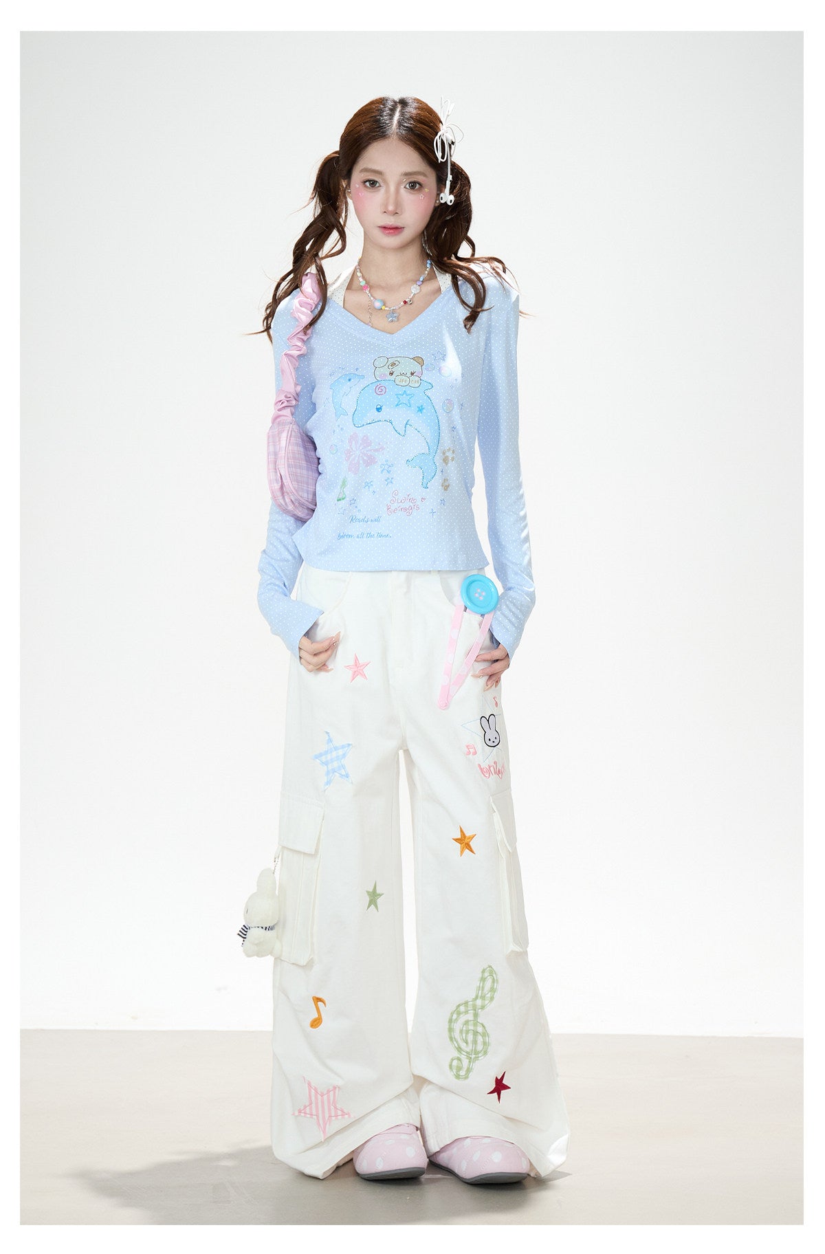 Cartoon Patch Embroidered Wide-Leg Cargo Pants