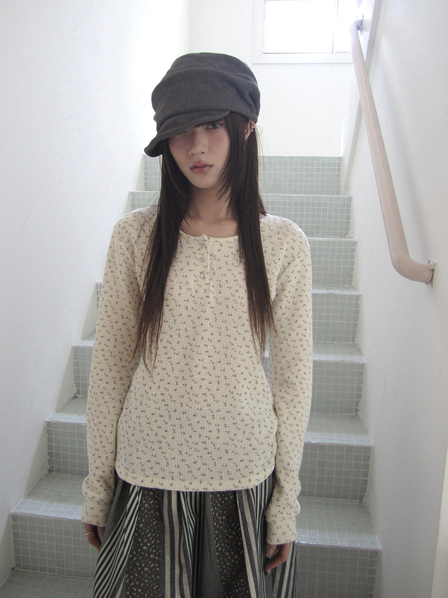 Tiny Floral Waffle Henley Long Sleeve Top