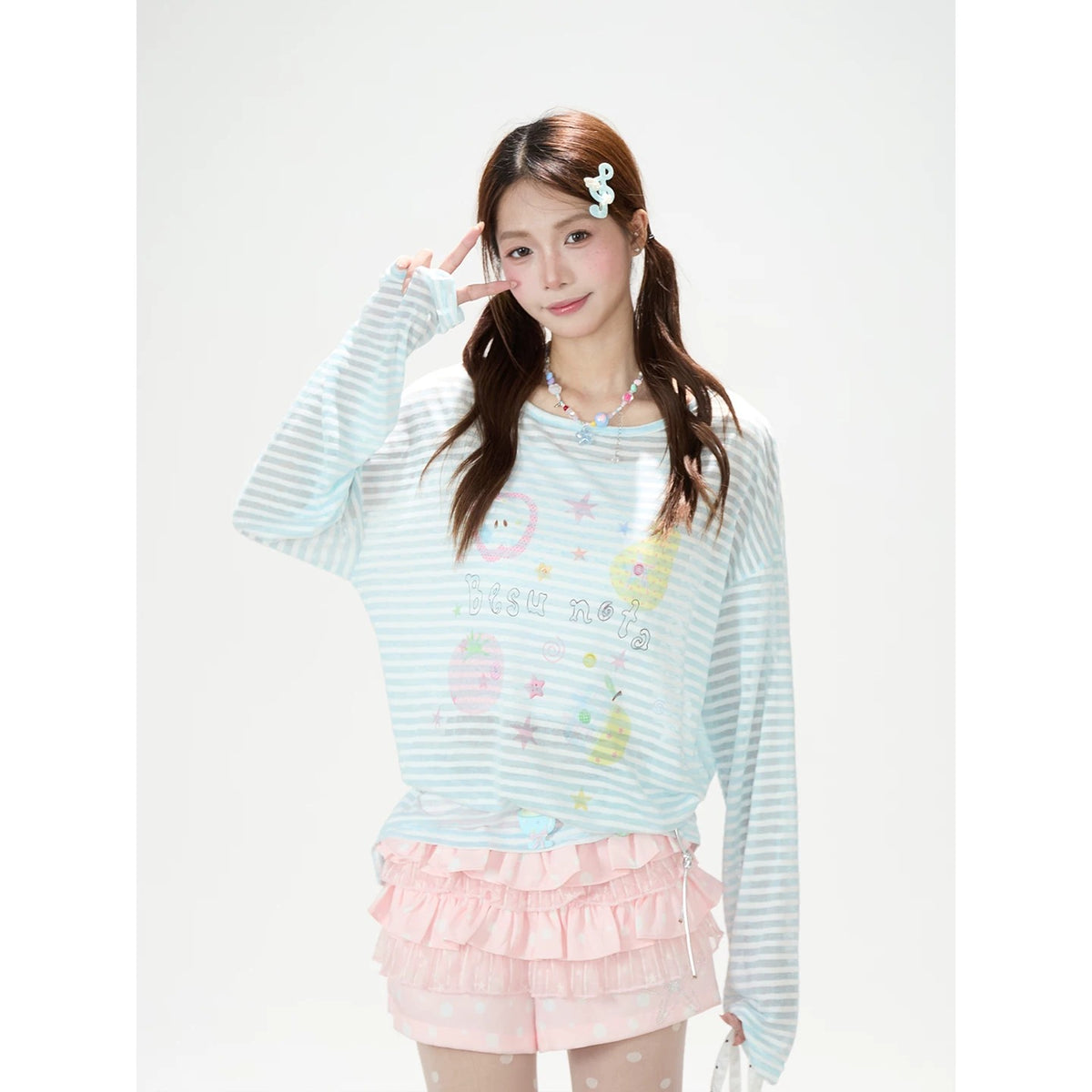 Playful Stripe Graphic Sheer Long Sleeve Top & Pink Wide-Leg Pants