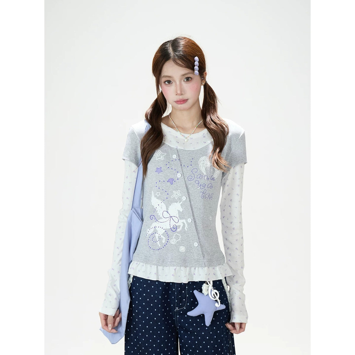 Floral Layered Long Sleeve Top & Navy Polka-Dot Wide-Leg Pants