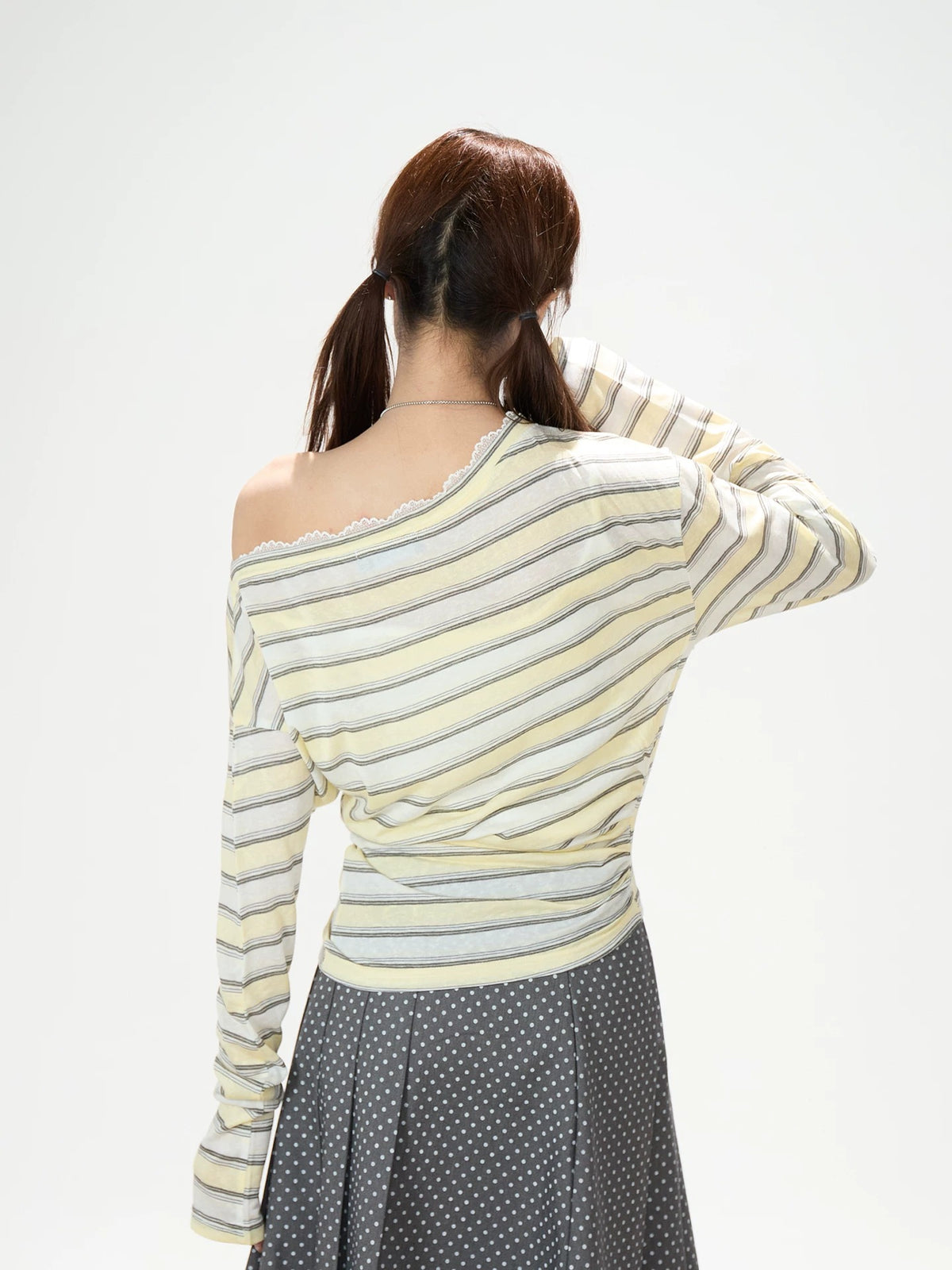 Striped Off-Shoulder Long Sleeve Top & Black Wide-Leg Pants