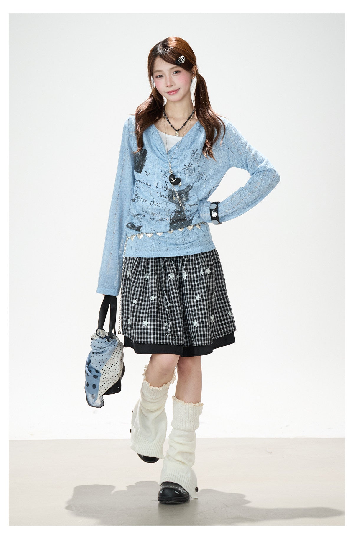 Cartoon Graffiti Cowl-Neck Long Sleeve Top & Black Plaid Lace Mini Skirt