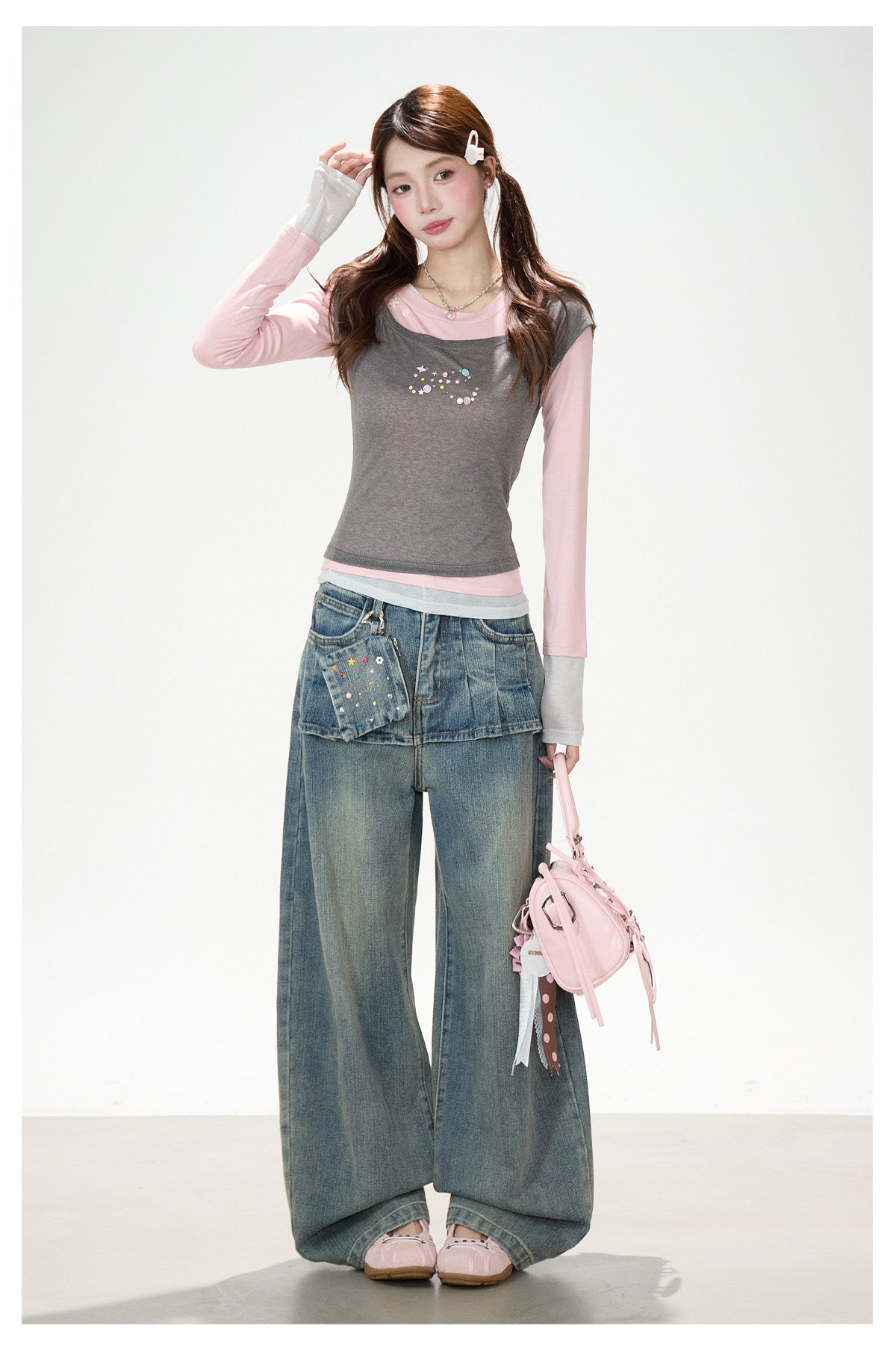 Layered Contrast Long Sleeve Top & Washed Wide-Leg Jeans