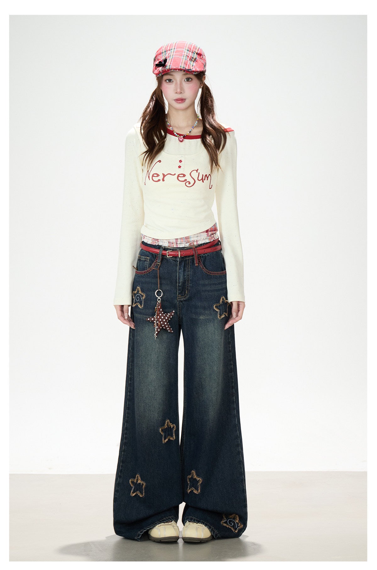 Letter Print Layered Long Sleeve Top & Star Patch Wide-Leg Jeans