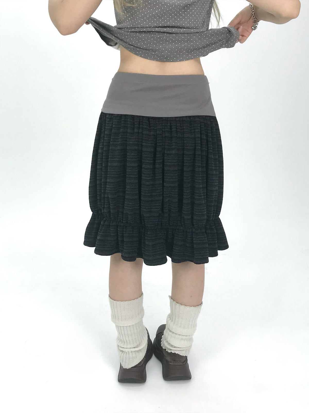 Contrast-Waist Textured Bubble Midi Skirt