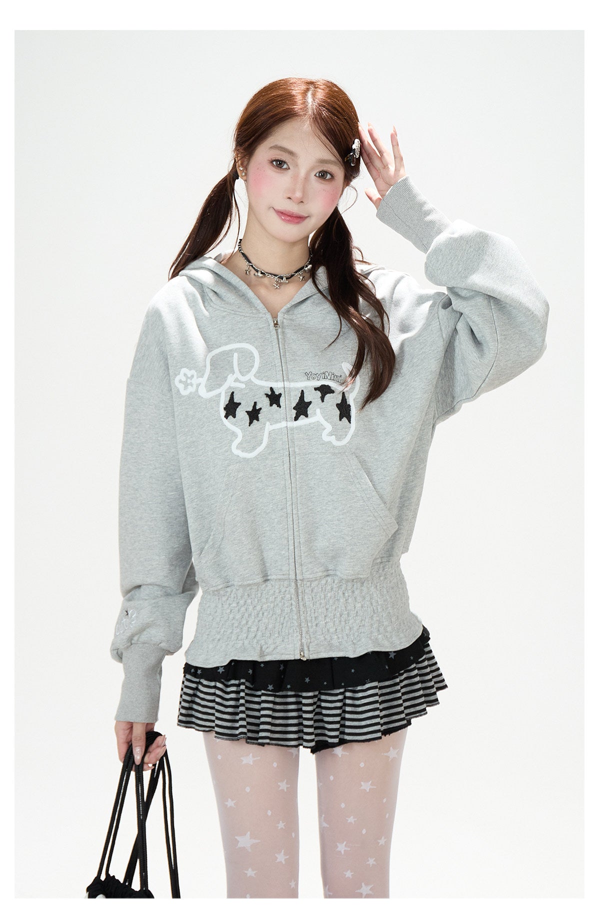 Star Puppy Zip-Up Hoodie & Black Stripe Ruffle Mini Skirt