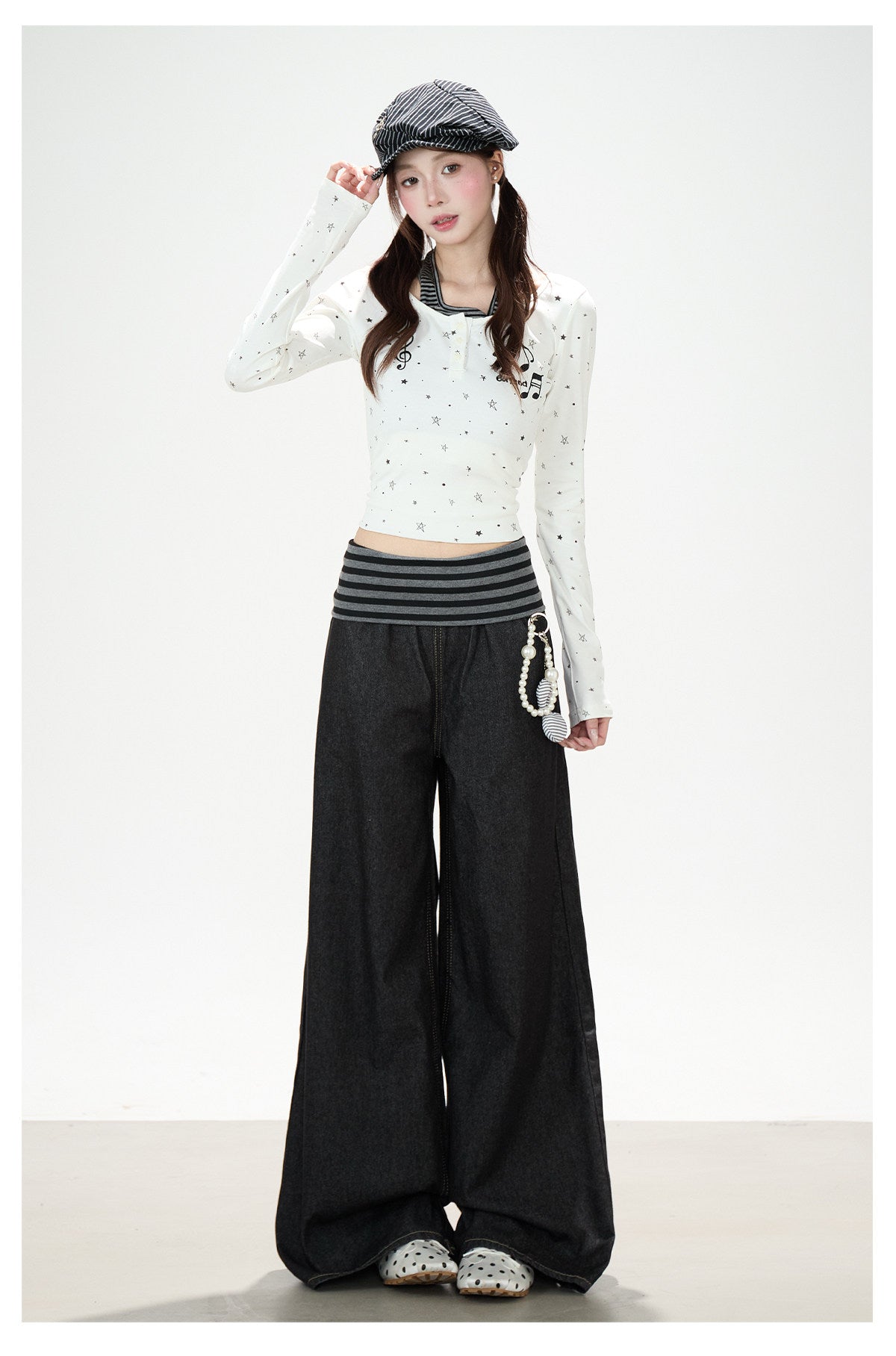 Star Music Note Halter Layered Long Sleeve Top & Black Wide-Leg Pants