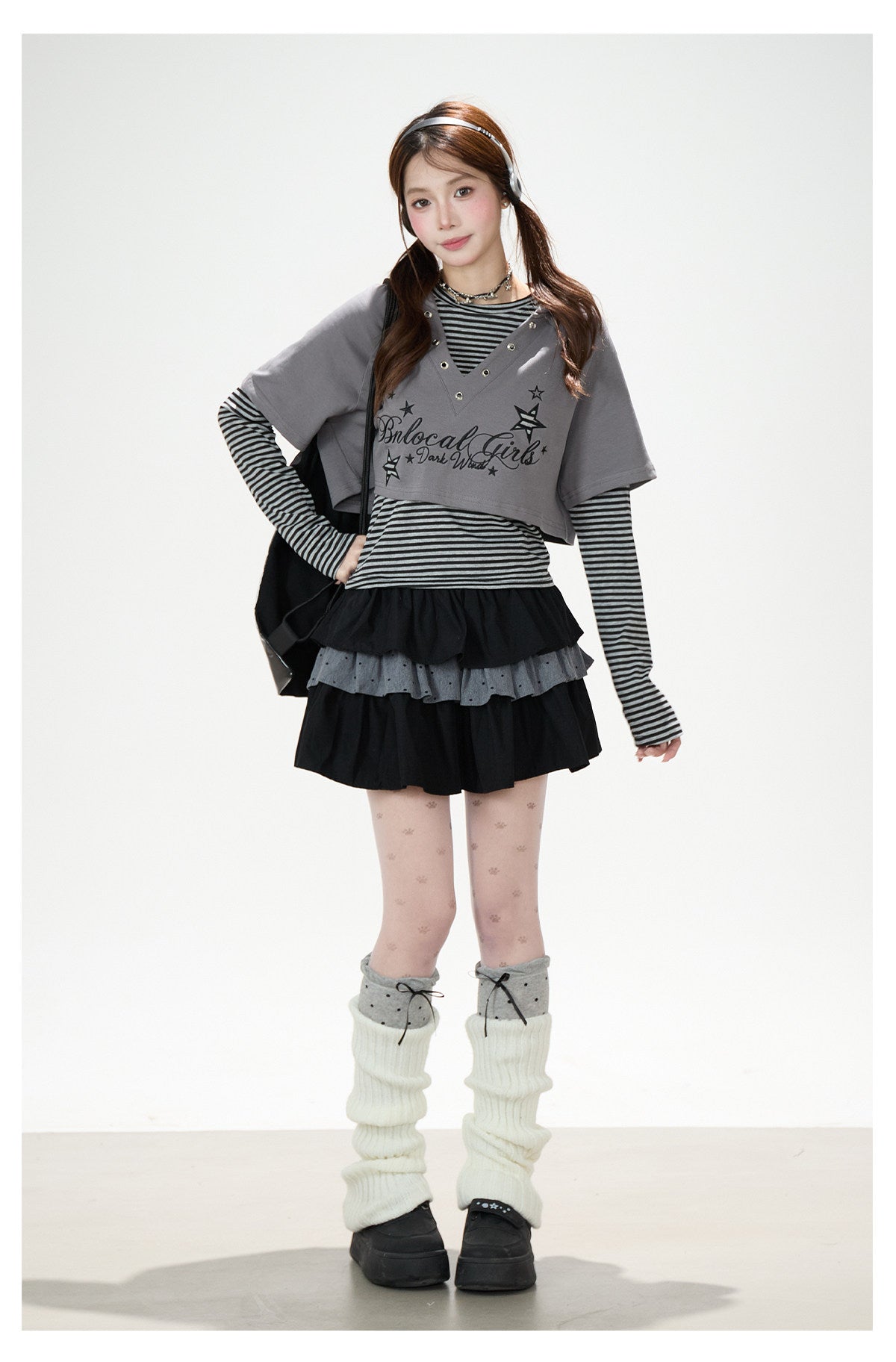 Graphic Cropped Hooded Tee, Striped Layering Long Sleeve Top & Tiered Mini Skirt