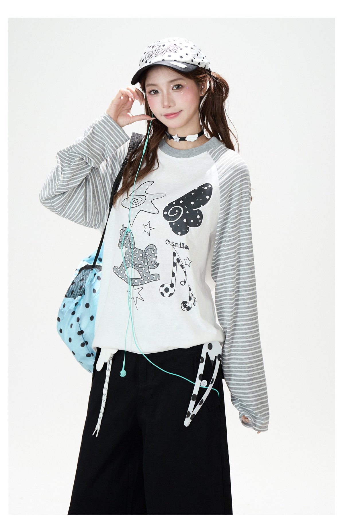 Playful Graphic Raglan Long Sleeve Top & Polka Dot Waist Wide-Leg Pants