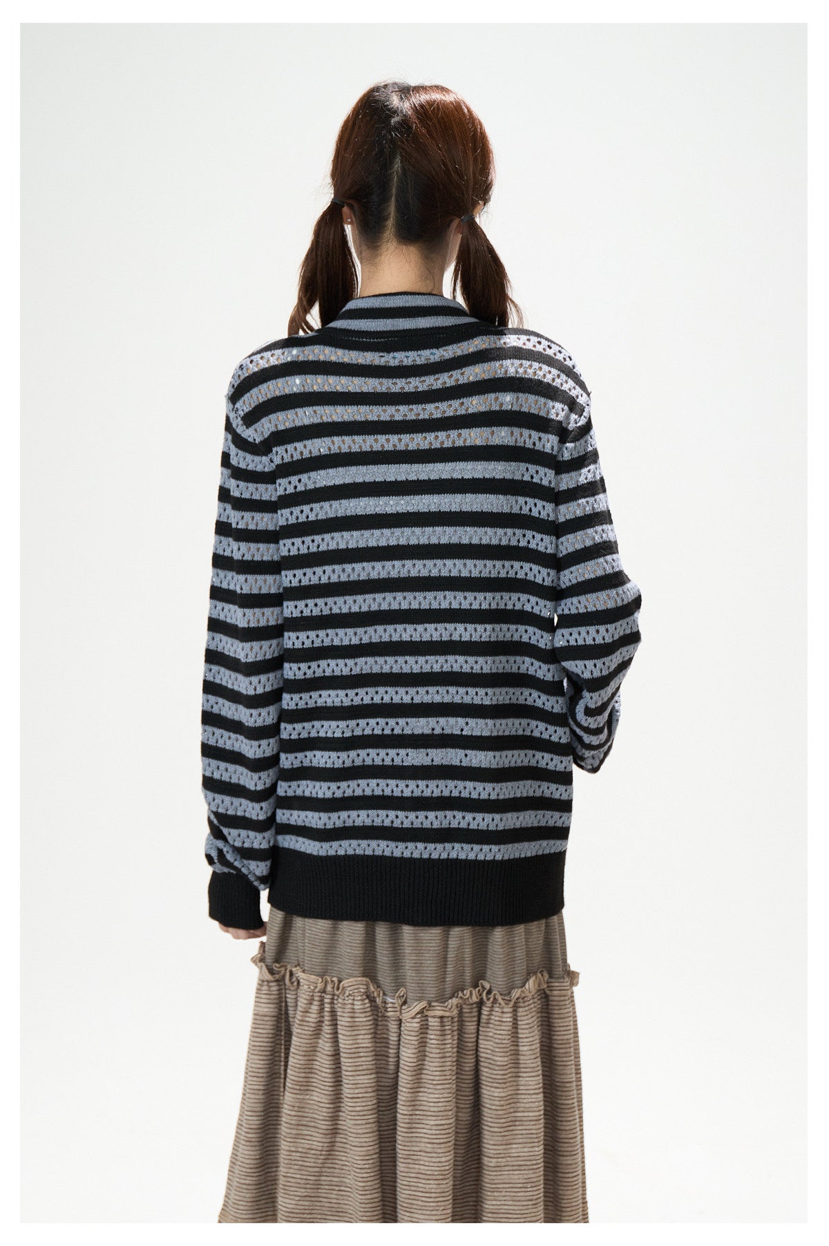 Striped Openwork Knit Cardigan & Black Polka-Dot Pleated Midi Skirt