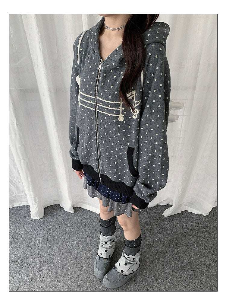 Polka Dot Music-Note Embroidered Zip Hoodie