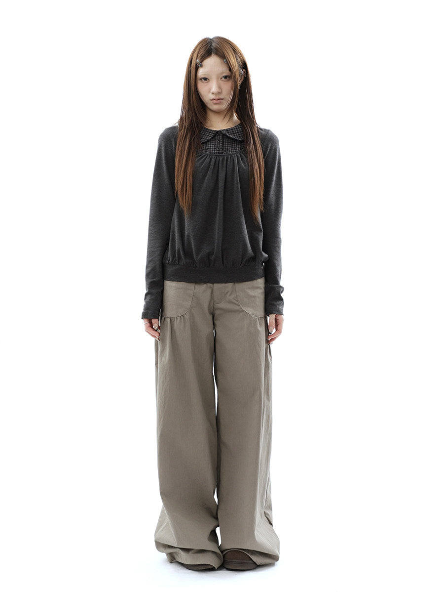 Plaid Collar Gathered Layered Long Sleeve Top