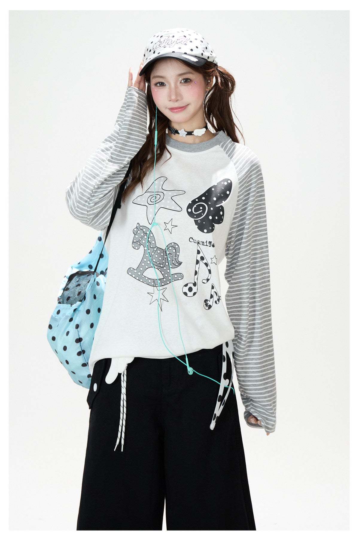 Playful Graphic Raglan Long Sleeve Top & Polka Dot Waist Wide-Leg Pants